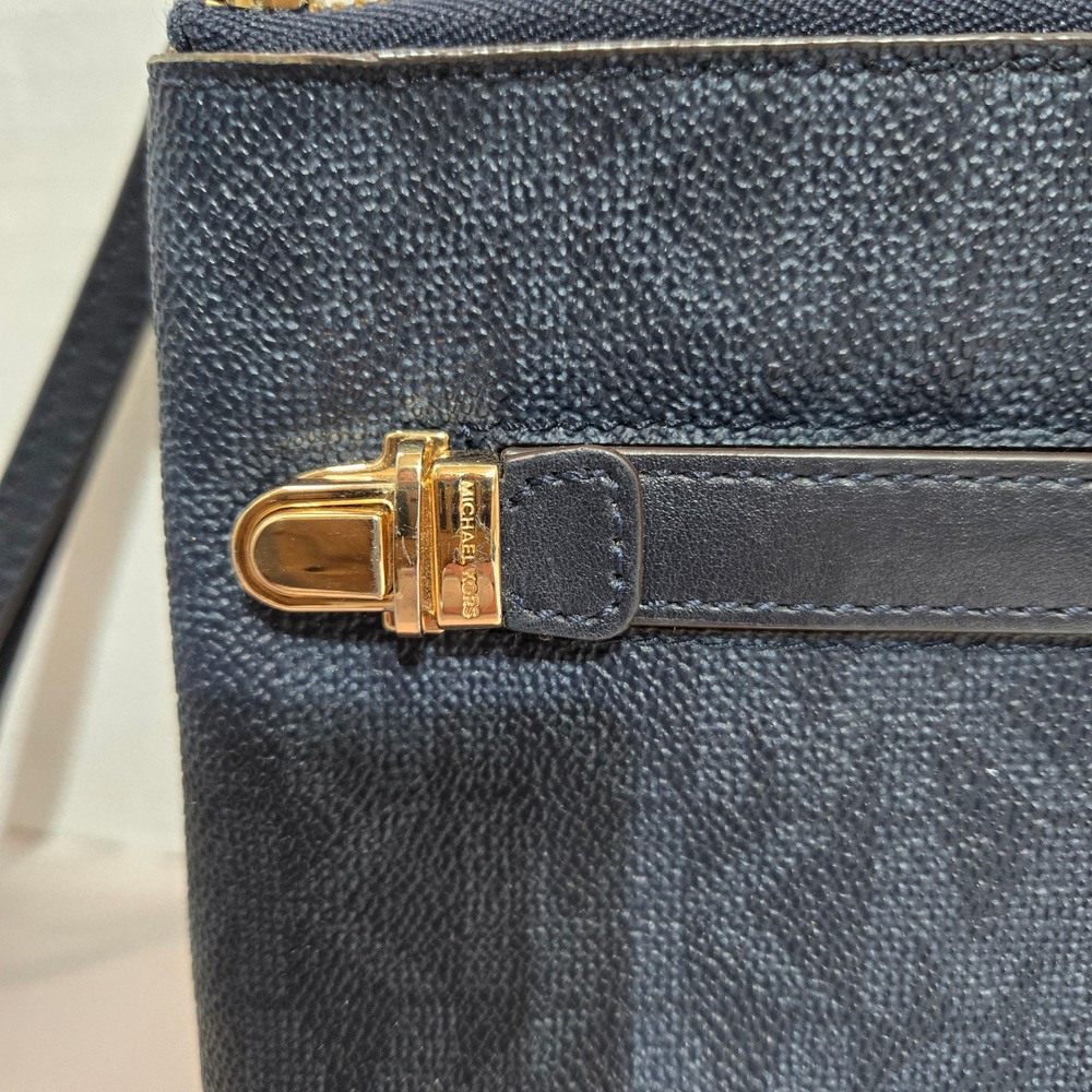 Michael Kors Wristlet Navy Blue MK Monogram Coated Canvas Gold Hardware #1420 - Picture 6 of 10